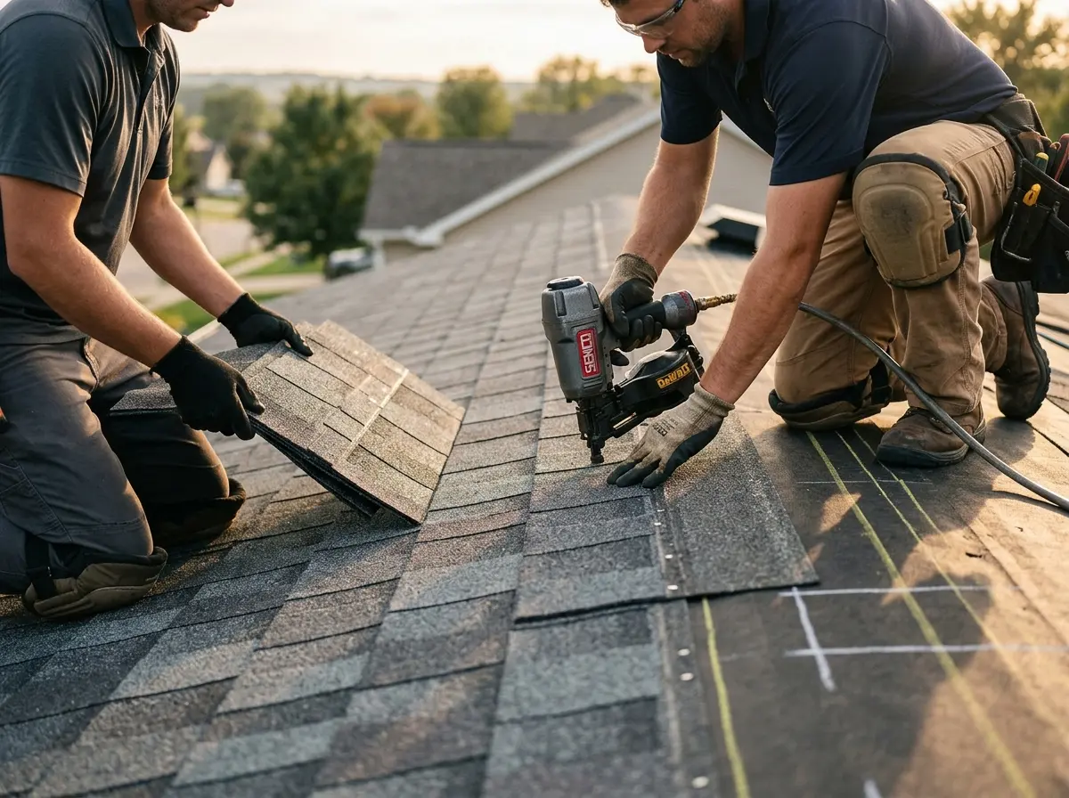 Professional roofer working on a residential roof in Groveton